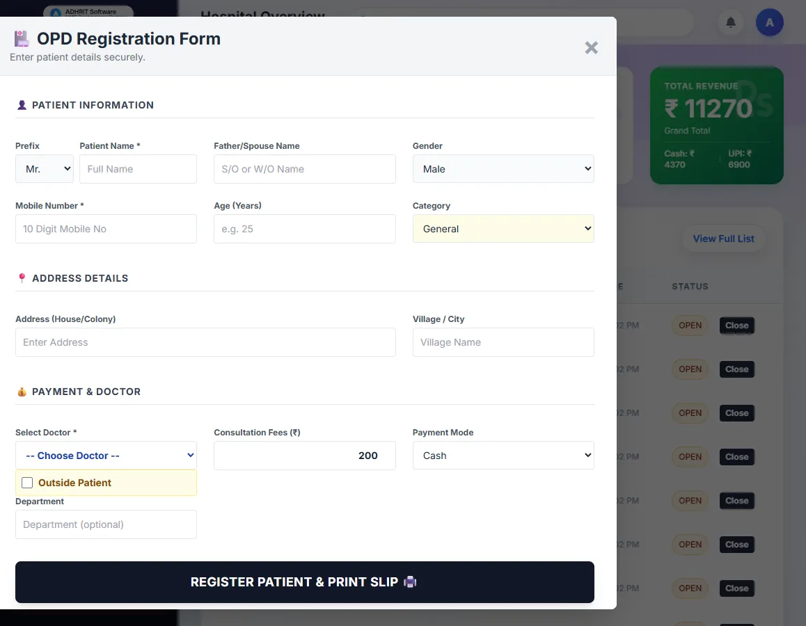 OPD registration form with patient details, address, doctor, consultation fee and payment mode